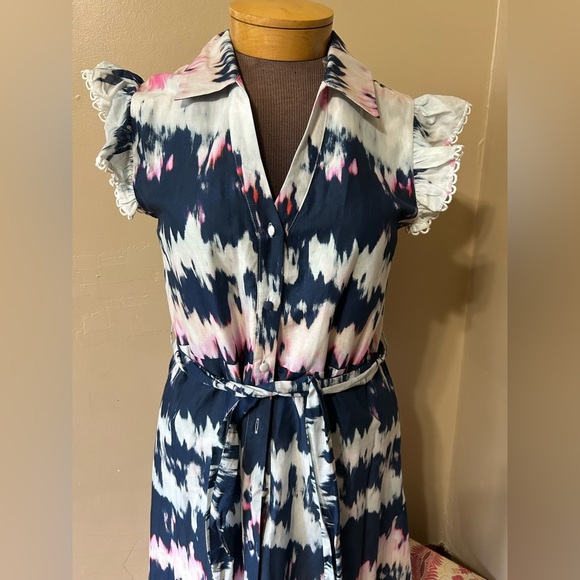 KOKO + MASON Women’s Short Sleeve Paisley Tie Dye Midi Belted Dress Sz L - Picture 3 of 11